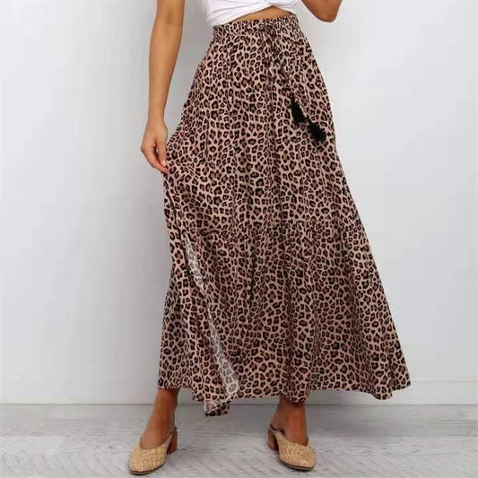 New Cotton Elastic High Waist Brown Leopard Print Large Skirt