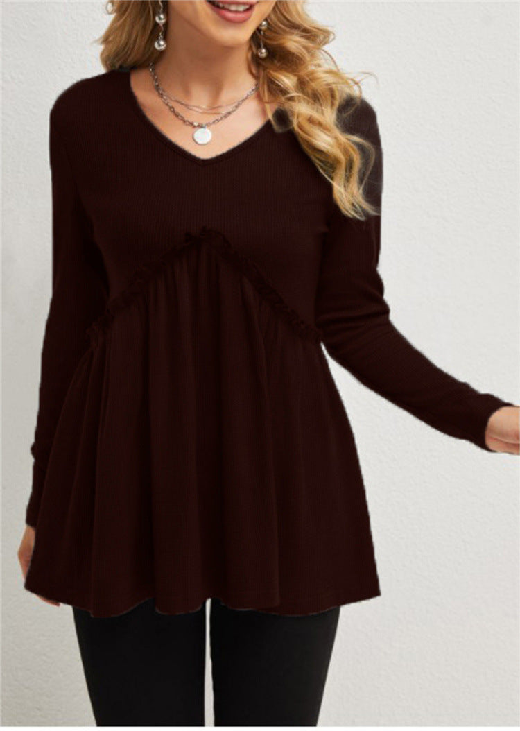 New Loose Ruffled Folded Loose V-neck T-shirt