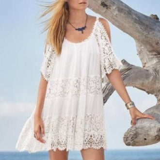 European And American Women's Clothing New Summer Chiffon Lace Stitching Vacation Style Solid Color Off-the-shoulder Strap Dress