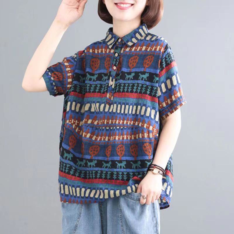 Cotton And Hemp Printing Loose Large Casual Short-sleeved Meat Concealing Thin Shirt Top