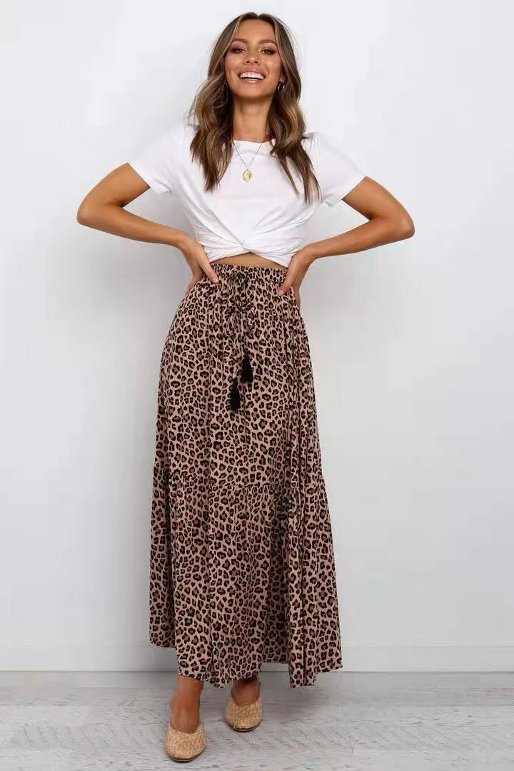 New Cotton Elastic High Waist Brown Leopard Print Large Skirt