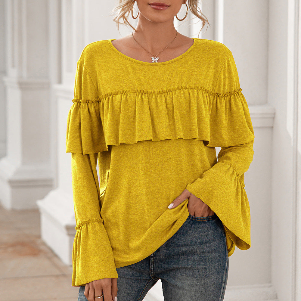 Casual Ruffled Stitching Long-sleeved Solid Color Mid-length T-shirt Top Women