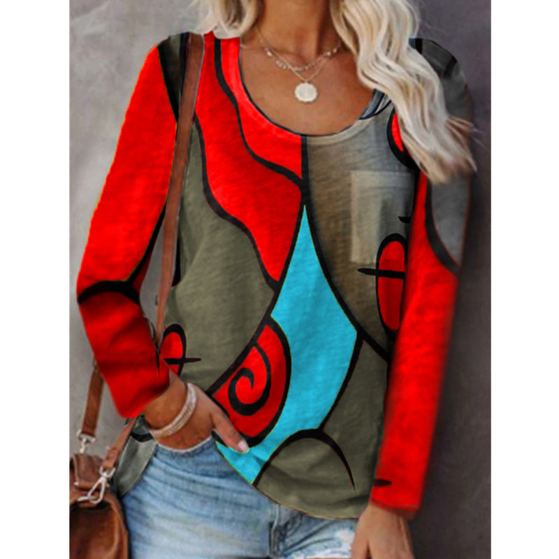 Plus Size Color-Matching Long-Sleeved T-shirt for Casual Wear