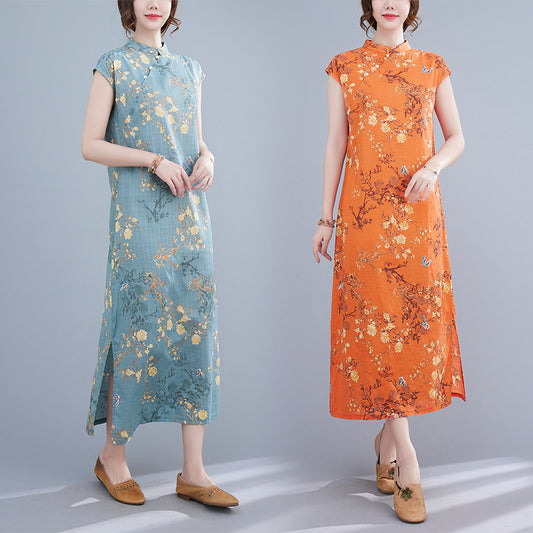 Retro-Inspired Loose Cotton and Linen Dress with Printed Design, Stand Collar, Side Opening, and Short Sleeves for an Enhanced Look