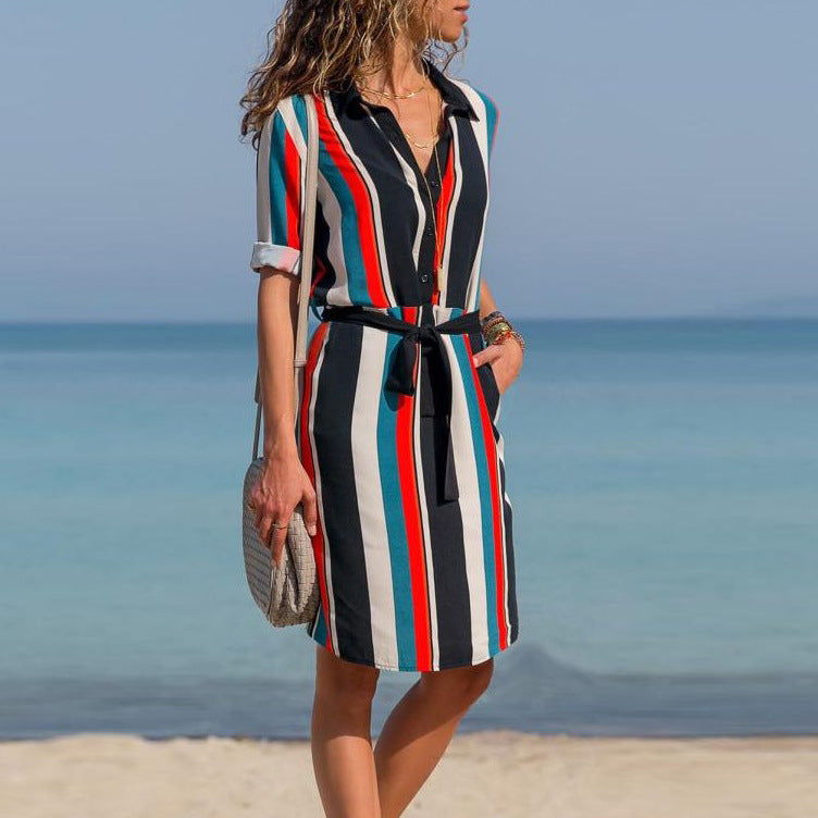 Hot Sale Striped Long Sleeve Shirt Collar Tied Dress