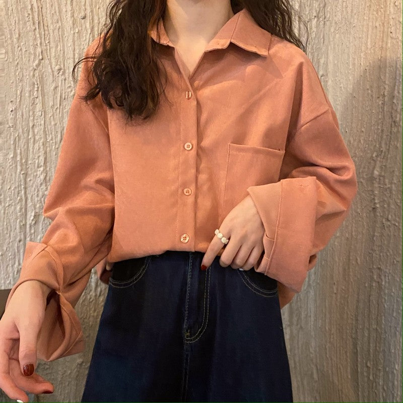 Hong Kong-Style Corduroy French Shirt with Long Sleeves for Women