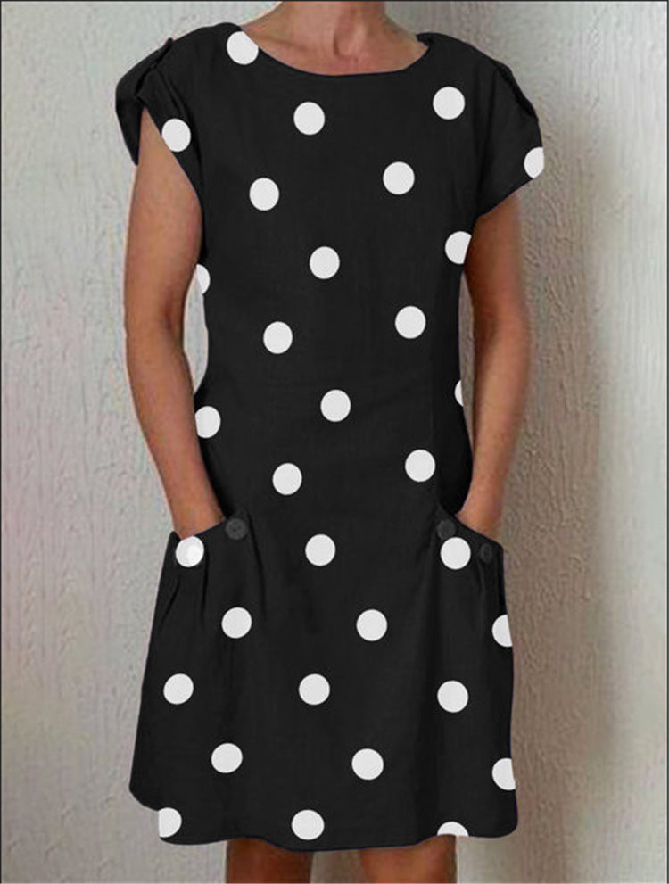 Printed Polka Dot Short Sleeve Dress with Crew Neck and Adjustable Patch Pockets