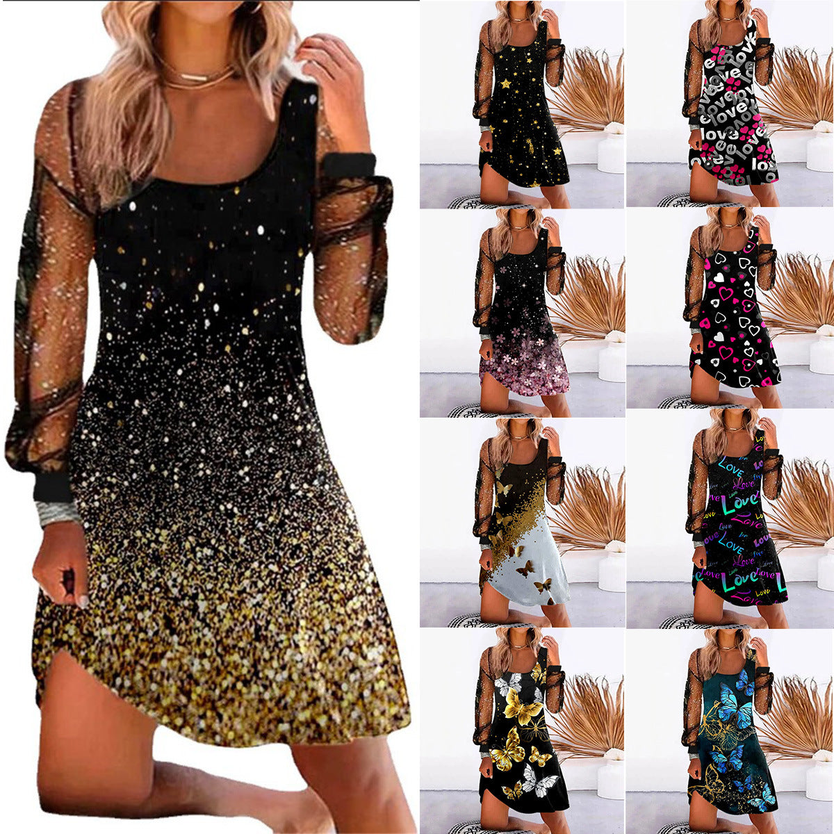 Women's New Printed Panel Mesh Dress