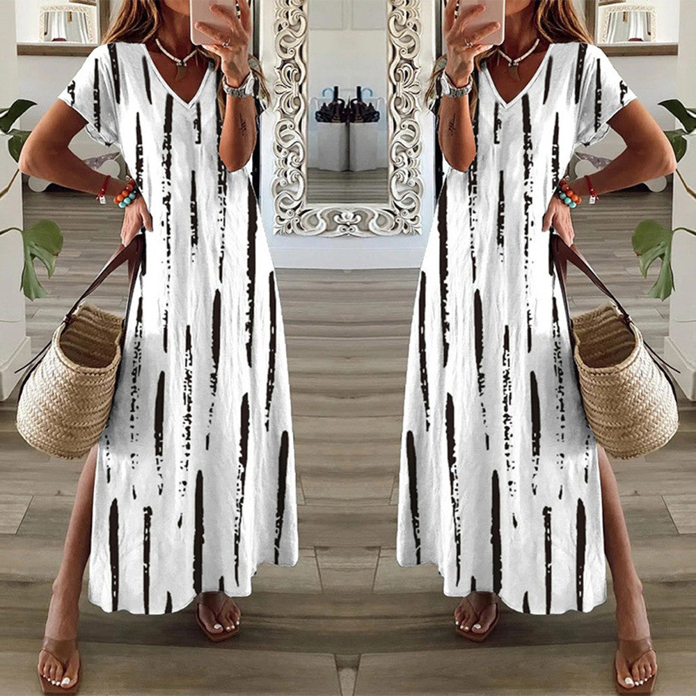 Women's Printed Short Sleeve Long Dress Slit V-Neck