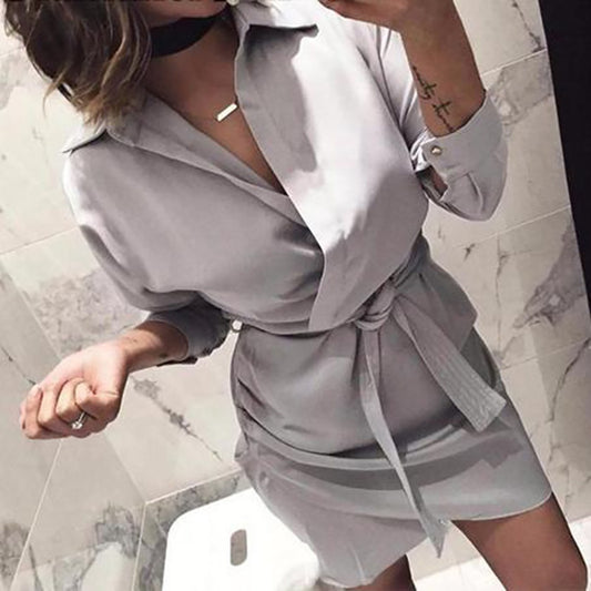 Women's Belt Irregular Solid Color Shirt Dress