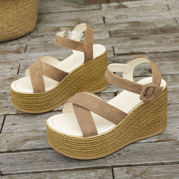 Summer Casual Non-Slip Wedge Sandals for Women: Cross-Strap Platform Shoes with Hemp Heels