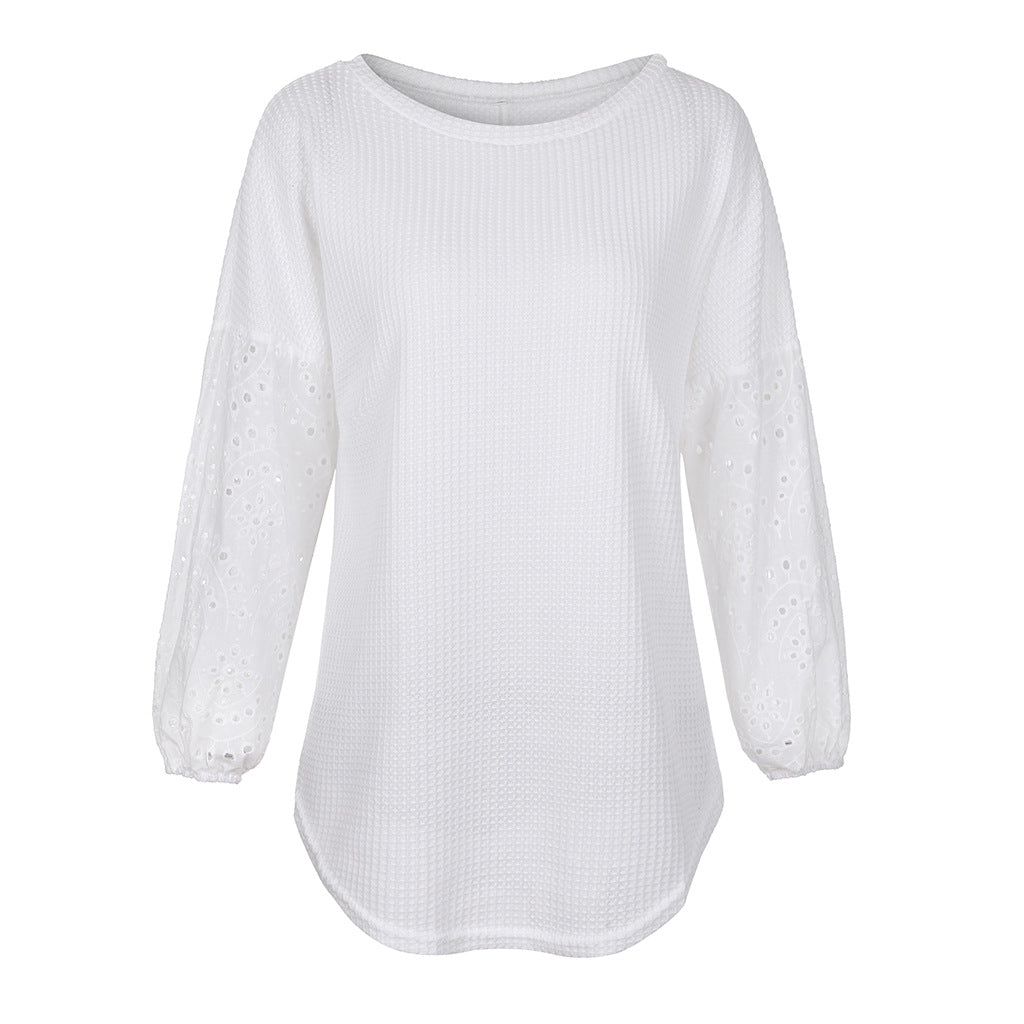 Ladies' Solid Color Pullover Featuring Hollow Embroidery and Lantern Sleeves