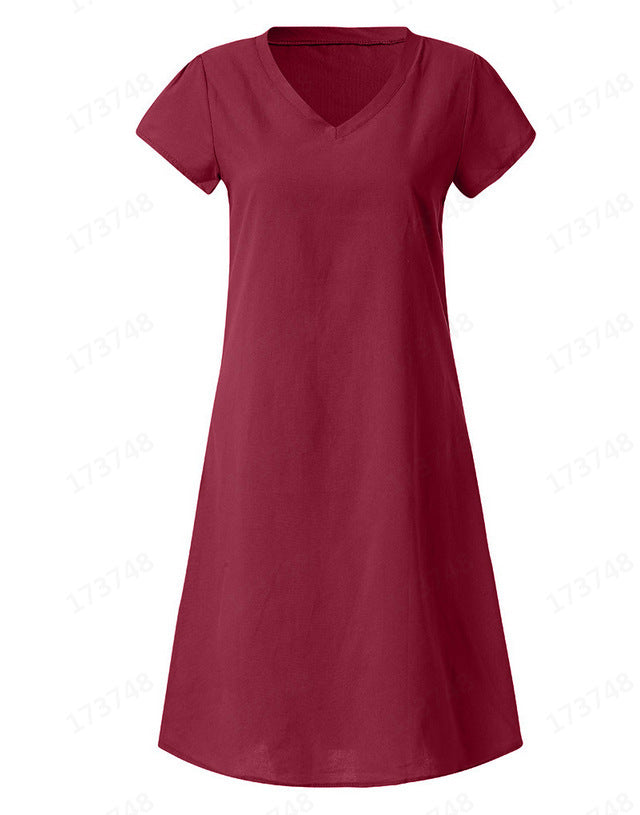 Short Sleeve V-Neck Solid Color Dress for Women
