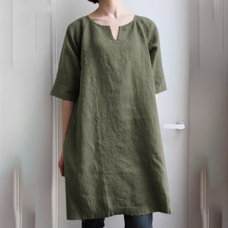 Ladies Ramie Literary Retro V-Neck Loose Shirt