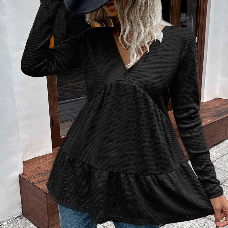 Loose Casual Solid Color V-Neck Long Sleeve Tata Top