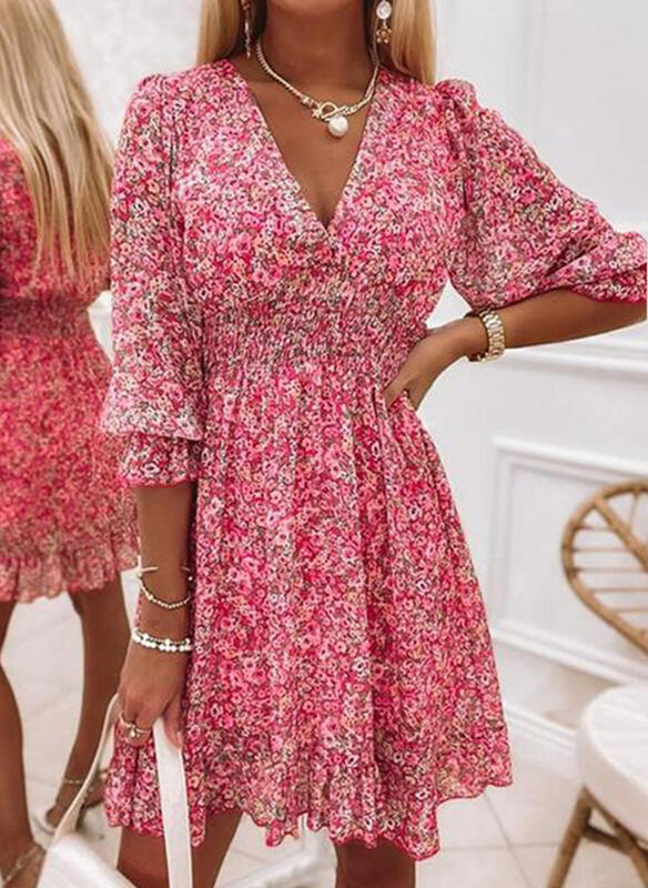 Printed Short Sleeve Puff Sleeve Mid-Rise Floral Dress