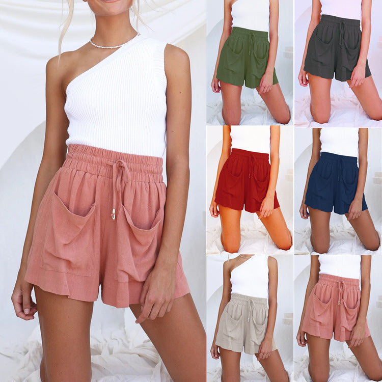 Women's Summer Cotton And Linen Drawstring High Waist Large Size Loose Wide-Leg Shorts