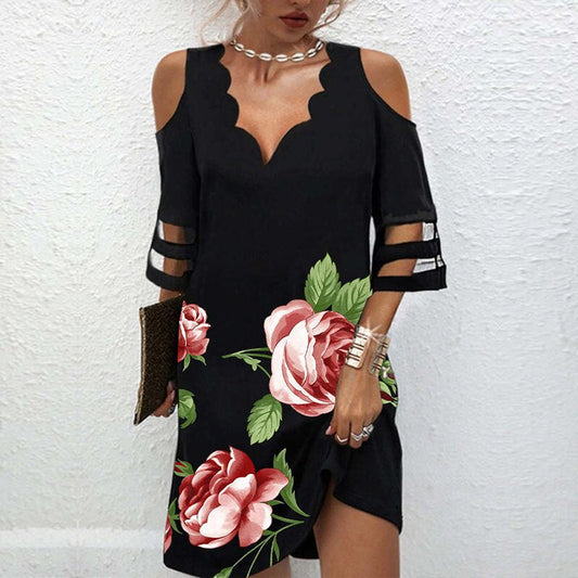 Casual Floral Dress for Women with Short Lace Patchwork Sleeves and Loose Fit